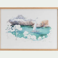 alinea Toile, Tableau Et Affiche*Aquarelle encadrée bateau 38x53cm - Bleu