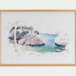 alinea Toile, Tableau Et Affiche*Aquarelle encadrée crique 38x53cm - Bleu