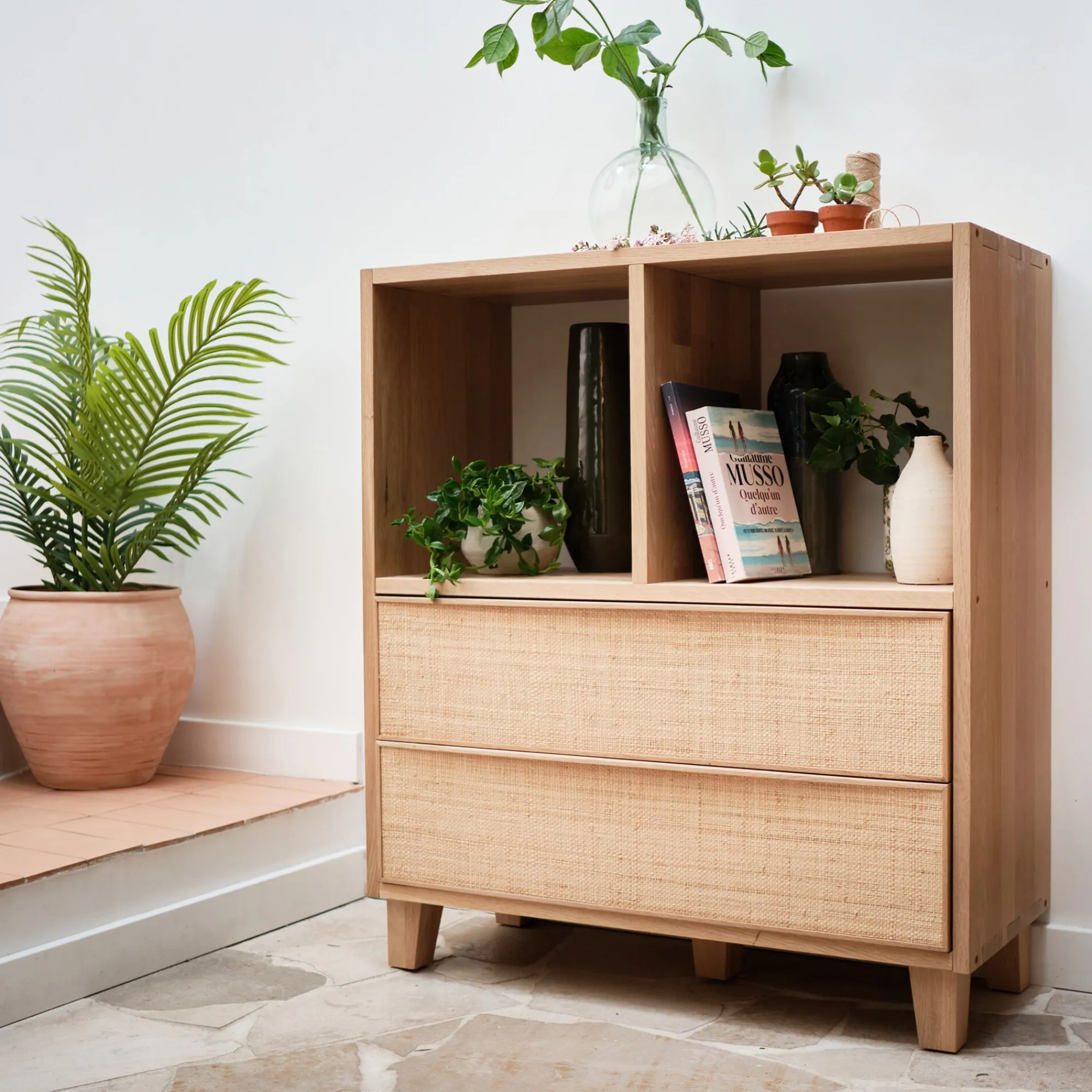 alinea Rangement À Composer*Bloc de 2 grands tiroirs en chêne et raphia L82cm - Bois clair
