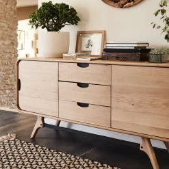 alinea Buffet De Salle À Manger|Buffet*Buffet bas plaqué chêne 2 portes et 3 tiroirs et piètement chêne massif - Bois clair