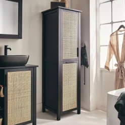 alinea Colonne De Salle De Bain*Colonne de salle de bain en bois de cèdre et cannage - H171cm Noir