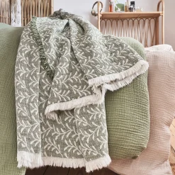 alinea Couvre-Lit*Couvre lit en coton motif feuilles finition franges 230x250cm - Vert