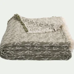 alinea Couvre-Lit*Couvre lit en coton motif feuilles finition franges 230x250cm - Vert