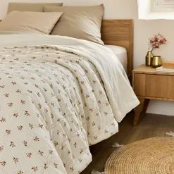 alinea Couvre-Lit*Couvre-lit en lin et coton 220x240cm motif rayé et floral - Blanc