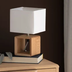 alinea Lampe À Poser*Lampe à poser carrée en bois et en coton H25cm - Blanc