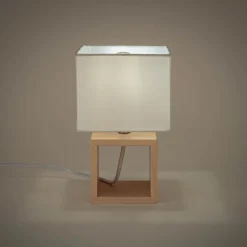 alinea Lampe À Poser*Lampe à poser carrée en bois et en coton H25cm - Blanc