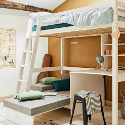 alinea Lit Enfant|Lit Enfant*Lit mezzanine en pin 90x200cm avec bureau - Blanc