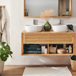 alinea Meuble Sous Vasque*Meuble double sous vasque murale en bambou - L120cm Bois clair