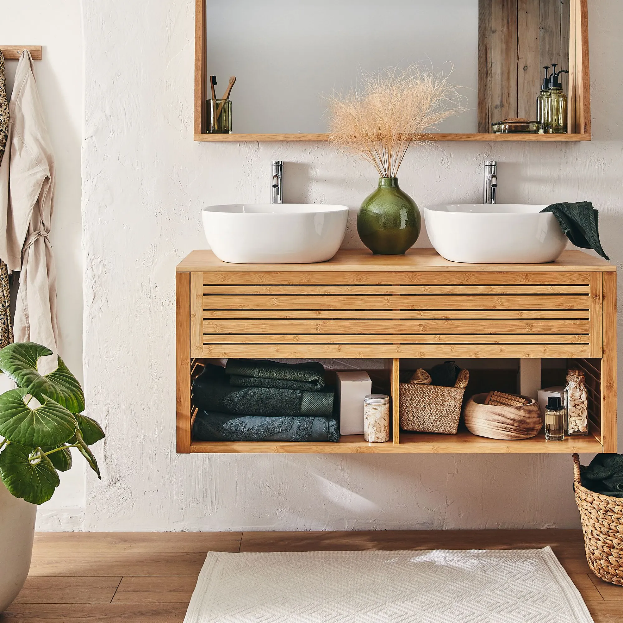 alinea Meuble Sous Vasque*Meuble double sous vasque murale en bambou - L120cm Bois clair