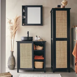 alinea Meuble Sous Vasque*Meuble sous-vasque simple en bois de cèdre et 1 porte en cannage - L80cm Noir
