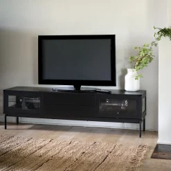 alinea Meuble Tv*Meuble tv 4 portes en bois et verre - L180xl42xH51cm Noir