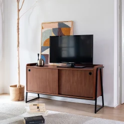 alinea Meuble Tv*Meuble TV 2 portes en bois L120xl40xH65cm - Bois foncé