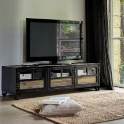 alinea Meuble Tv*Meuble TV en pin, acier et verre - L150xl45xH45cm Bois foncé