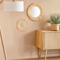 alinea Miroir*Miroir mural frange raphia D35cm - Naturel