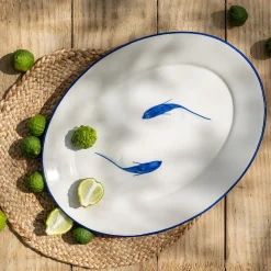alinea Plat De Service Et Saladier*Plat de présentation ovale à motif poissons en faïence L40cm - Blanc
