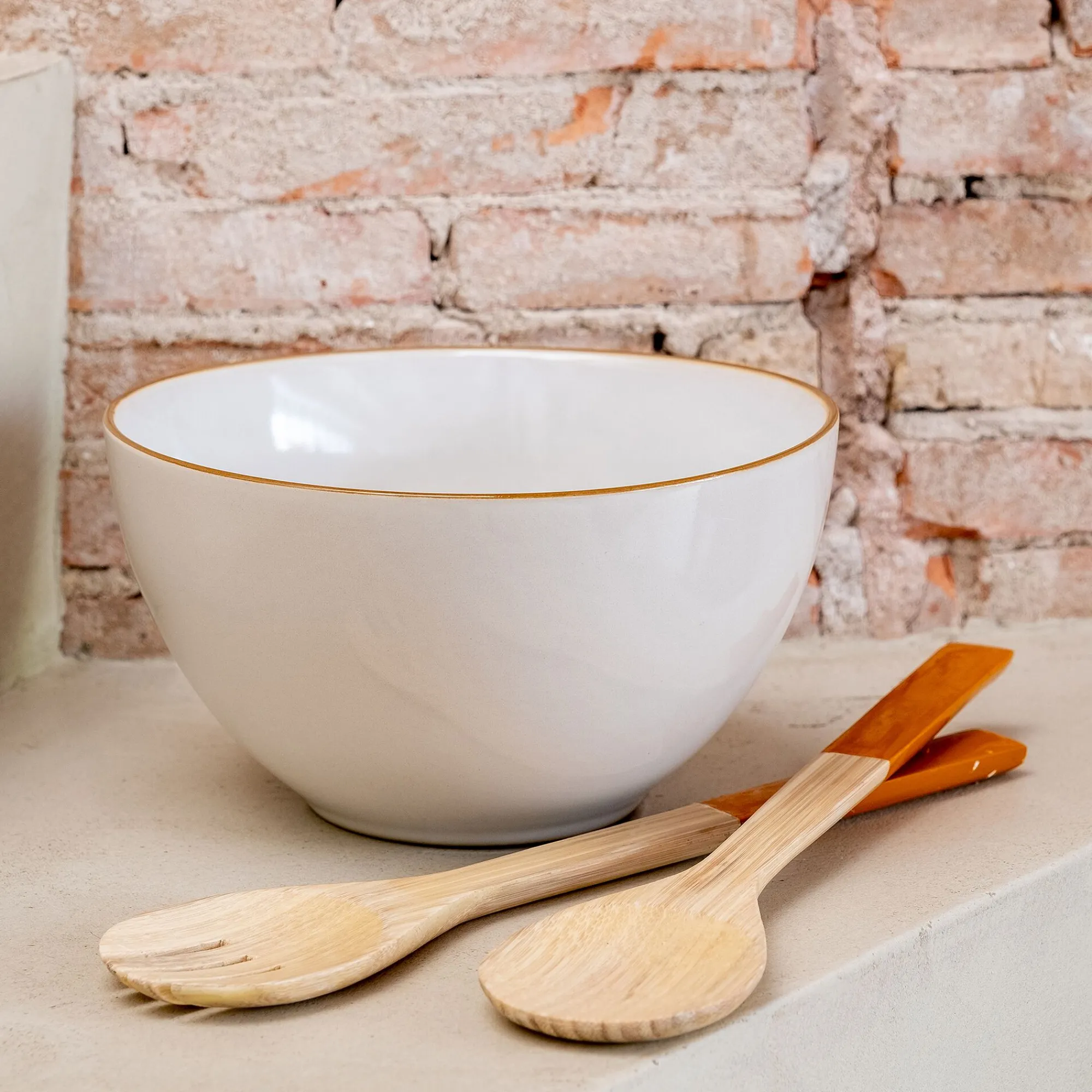 alinea Plat De Service Et Saladier*Saladier en grès avec liseré marron D20cm - Blanc