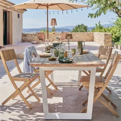 alinea Salon De Jardin Repas*Salon de jardin repas en teck et aluminium - (8 places) Blanc