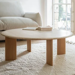alinea Table Basse*Table basse ovale en travertin et bois L115,5xl102xH37cm - Beige