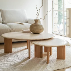 alinea Table Basse*Table basse ovale en travertin et bois L115,5xl102xH37cm - Beige