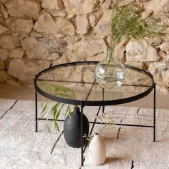 alinea Table Basse*Table basse ronde en acier et verre trempé - D72,6xH40cm Noir