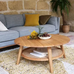 alinea Table Basse*Table basse ronde en chêne et rotin D90cm - Bois clair
