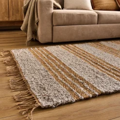 alinea Tapis En Jute|Tapis De Salon*Tapis en jute rayé finition franges 160x230cm - Gris