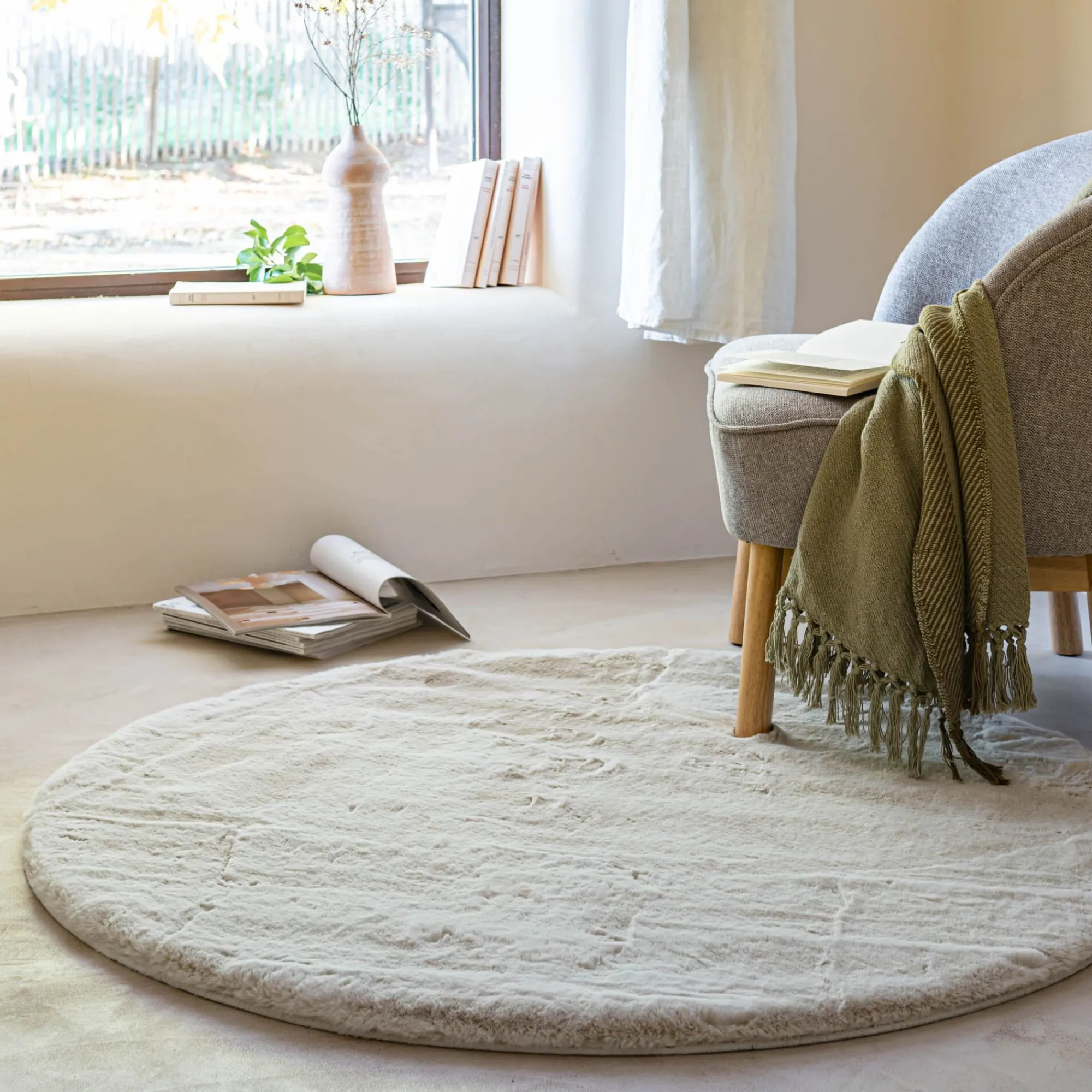 alinea Descente De Lit|Tapis Uni*Tapis imitation fourrure - D120cm Beige